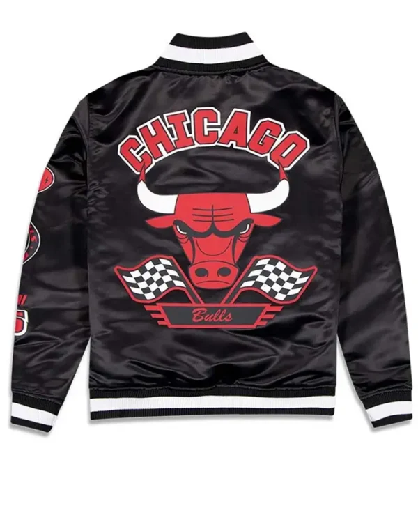 Chicago Bulls Rally Drive 2024 Satin Varsity Jacket Back webp