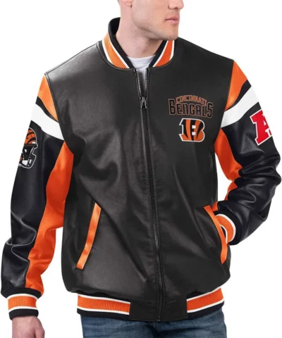 Cincinnati Bengals Black Varsity Full Zip Leather Jacket webp