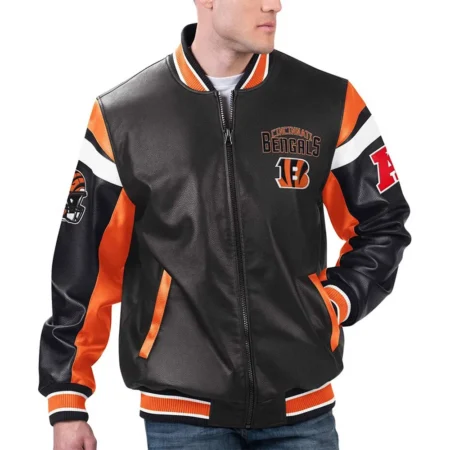 Cincinnati Bengals Black Varsity Full Zip Leather Jacket webp