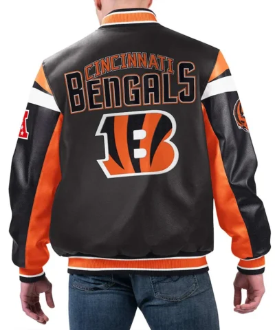 Cincinnati Bengals Black Varsity Full Zip Leather Jacket back webp