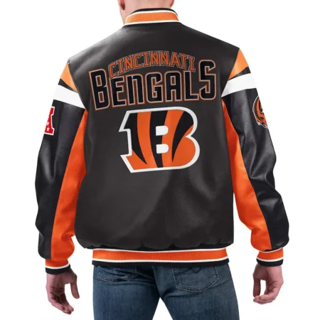 Cincinnati Bengals Black Varsity Full Zip Leather Jacket back webp