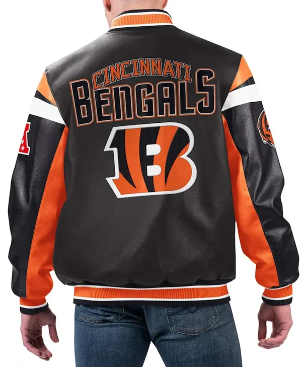 Cincinnati Bengals Black Varsity Full Zip Leather Jacket back webp