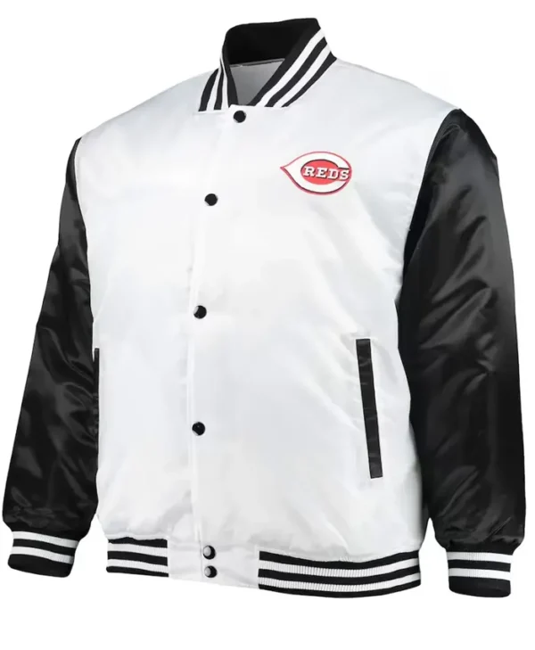Cincinnati Reds White and Black Satin Varsity Jacket webp