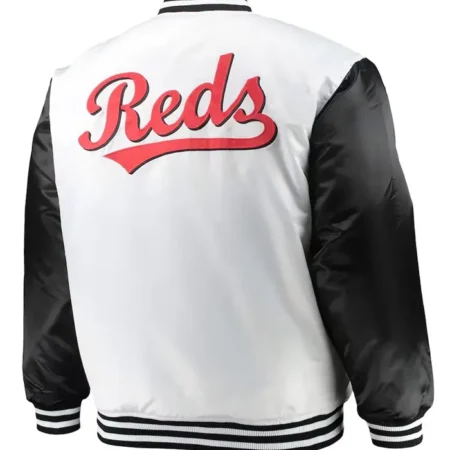 Cincinnati Reds White and Black Satin Varsity Jacket Back webp