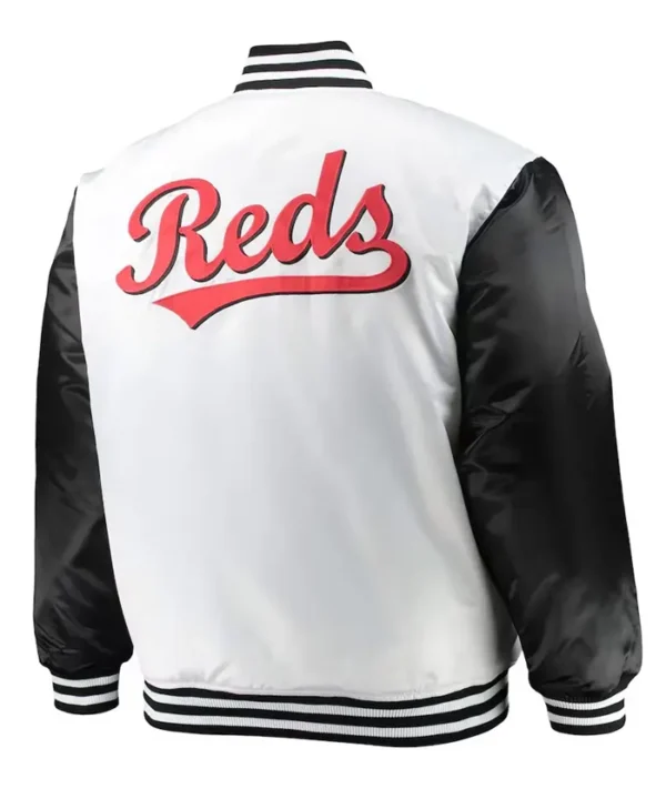 Cincinnati Reds White and Black Satin Varsity Jacket Back webp