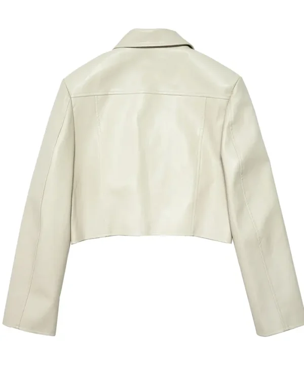 Cream Cropped Leather Jacket Back webp