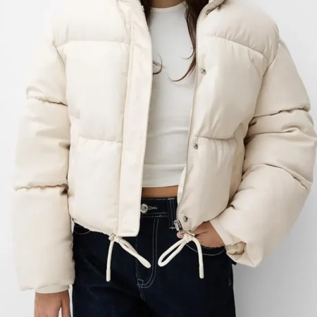 Cream Faux Leather Puffer Jacket webp