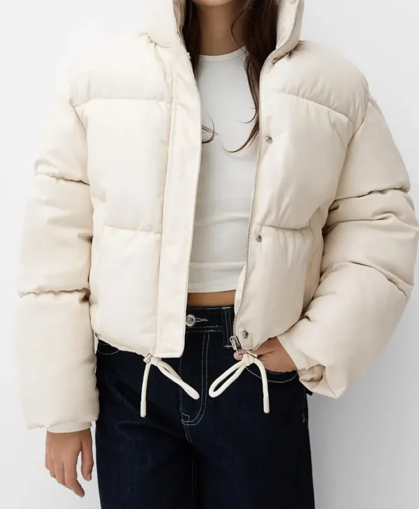 Cream Faux Leather Puffer Jacket webp