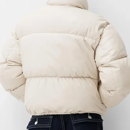 Cream Faux Leather Puffer Jacket Back webp
