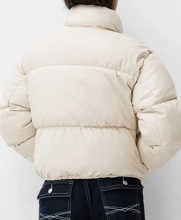 Cream Faux Leather Puffer Jacket Back webp