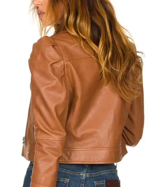 Cropped Brown Leather Jacket Back webp
