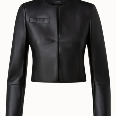 Cropped Collarless Leather Jacket webp