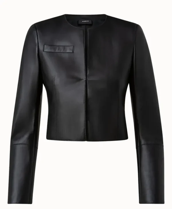 Cropped Collarless Leather Jacket webp
