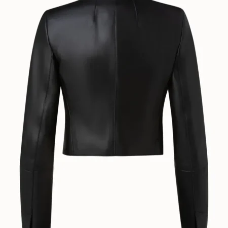 Cropped Collarless Leather Jacket Back webp