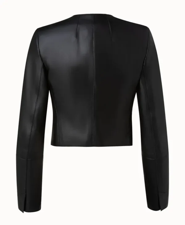 Cropped Collarless Leather Jacket Back webp