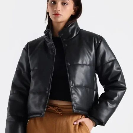 Cropped Faux Leather Puffer Jacket webp
