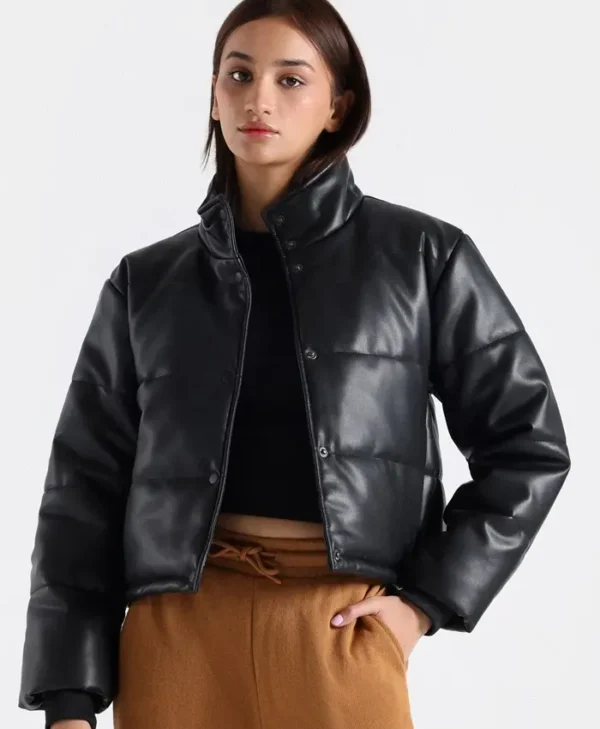 Cropped Faux Leather Puffer Jacket webp