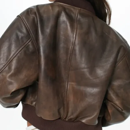 Cropped Leather Bomber Jacket Back webp