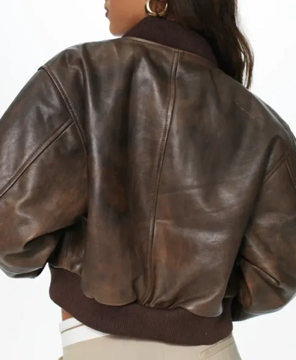 Cropped Leather Bomber Jacket Back webp