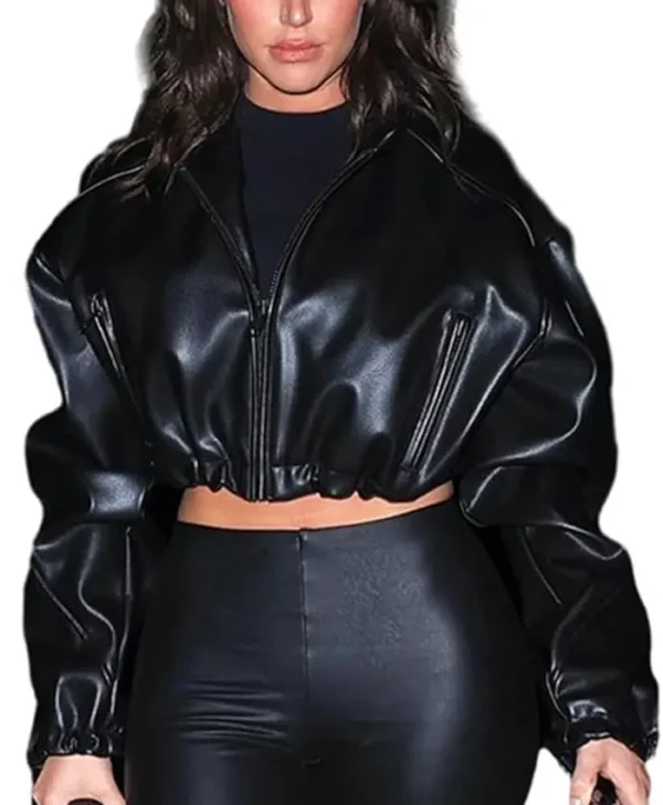 Cropped Leather Hooded Jacket webp