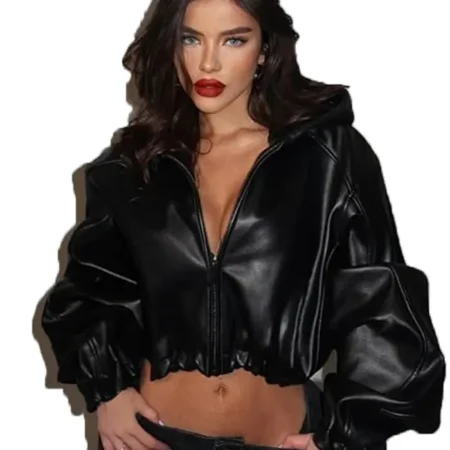 Cropped Leather Hooded Jacket For Women webp