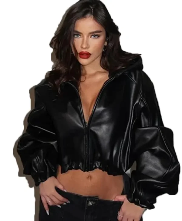 Cropped Leather Hooded Jacket For Women webp