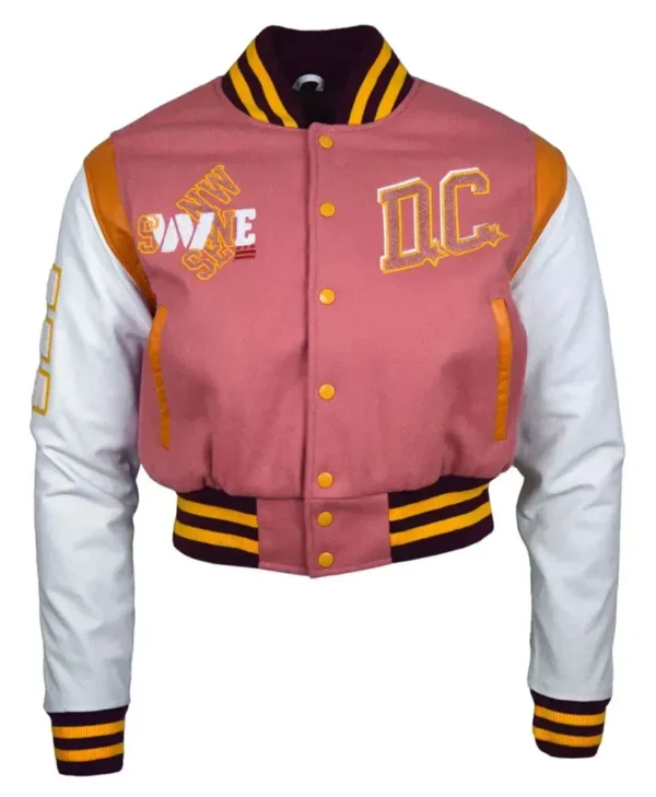 DC Proper Washington Commanders Pink Cropped Varsity Jacket webp