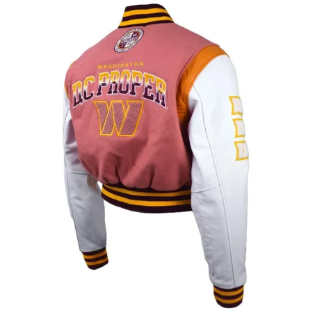 DC Proper Washington Commanders Pink Cropped Varsity Jacket back webp