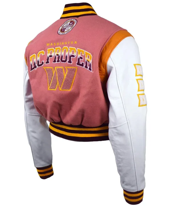 DC Proper Washington Commanders Pink Cropped Varsity Jacket back webp