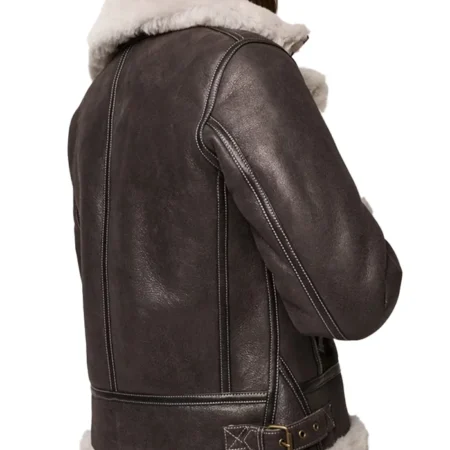 Dark Brown Hooded Shearling Jacket Womens Back webp