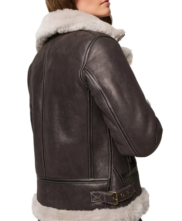Dark Brown Hooded Shearling Jacket Womens Back webp