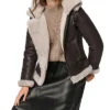 Dark Brown Hooded Shearling Jacket Womens Front webp