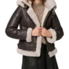 Dark Brown Hooded Shearling Jacket Womens Main webp