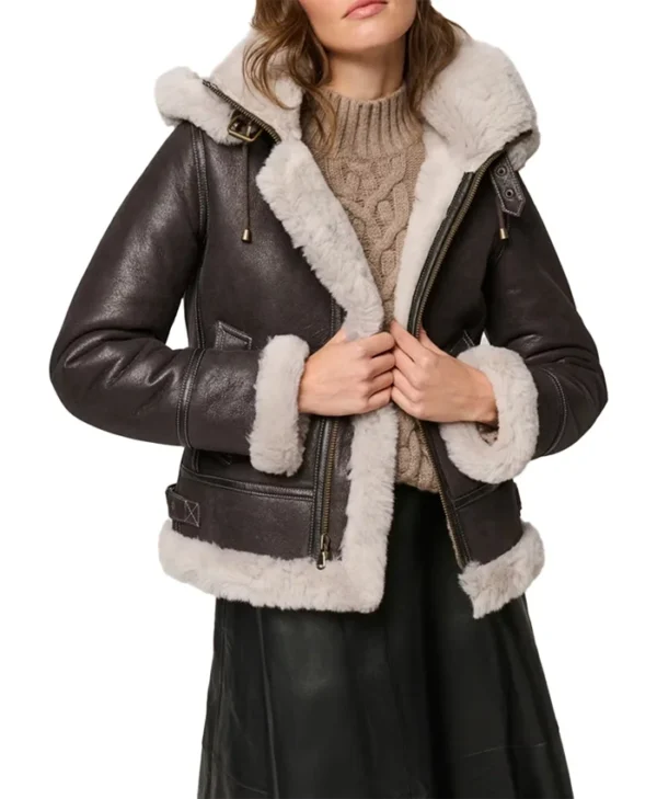 Dark Brown Hooded Shearling Jacket Womens Main webp