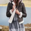 Dark Brown Hooded Shearling Jacket Womens Zipper webp