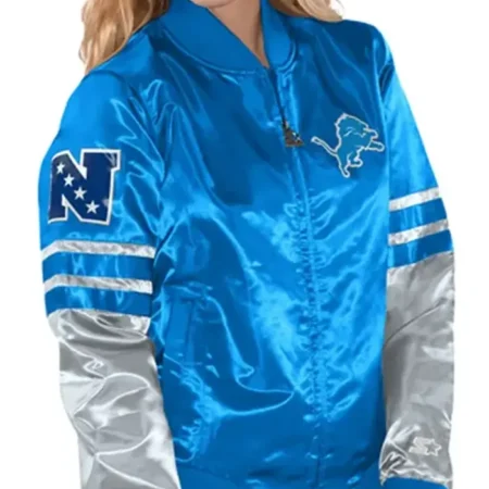 Detroit Lions Tie Breaker Women Blue Satin Starter Bomber Jacket webp