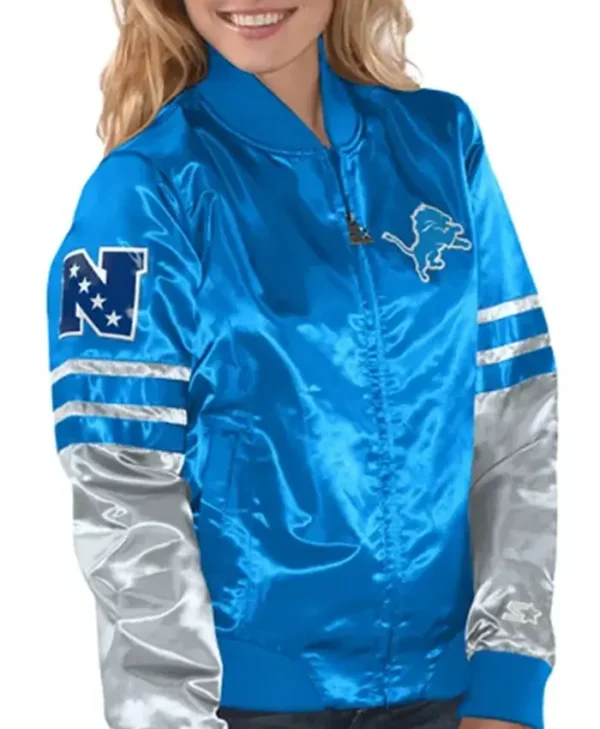 Detroit Lions Tie Breaker Women Blue Satin Starter Bomber Jacket webp