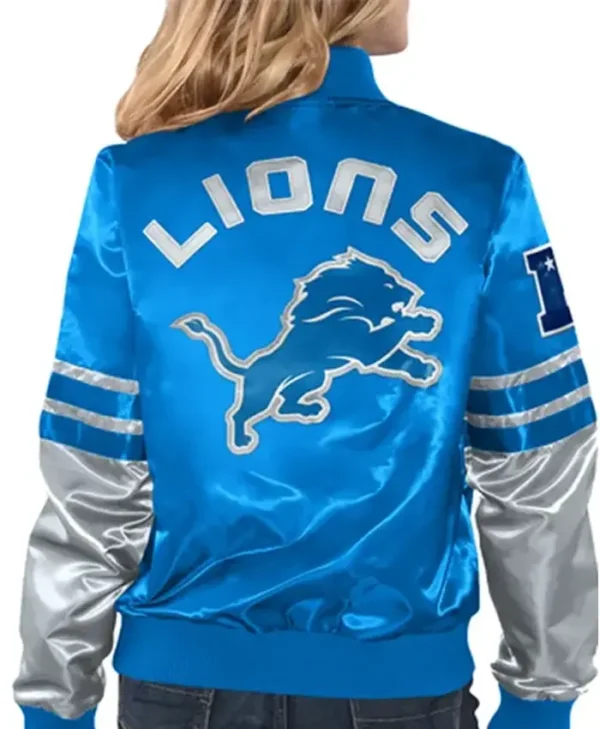 Detroit Lions Tie Breaker Women Blue Satin Starter Bomber Jacket Back webp