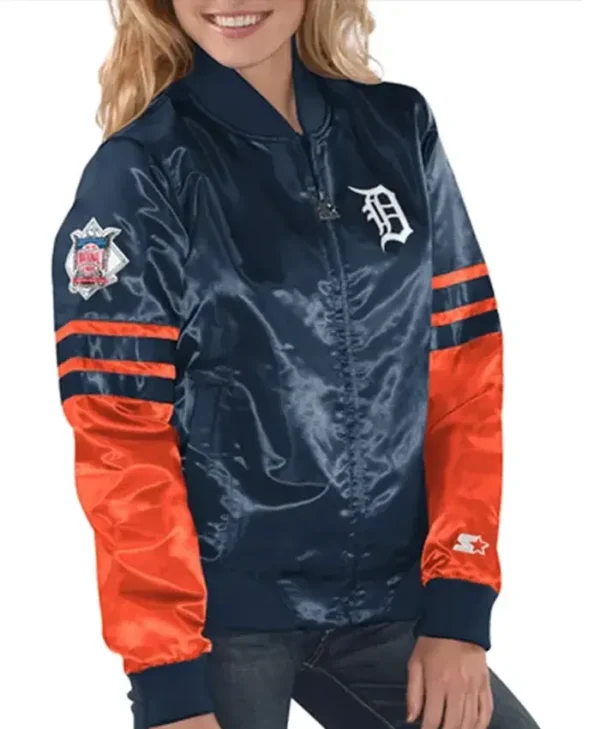 Detroit Tigers Tie Breaker Navy Satin Starter Zip Bomber Jacket webp