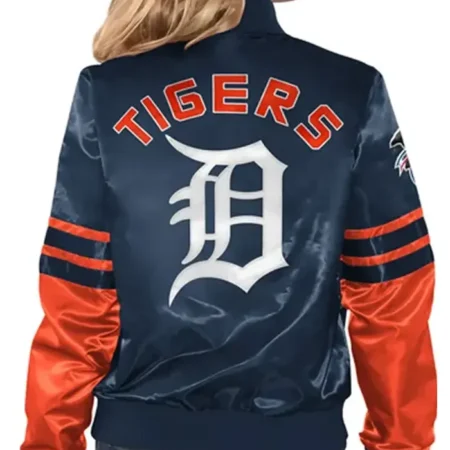 Detroit Tigers Tie Breaker Navy Satin Starter Zip Bomber Jacket Back webp