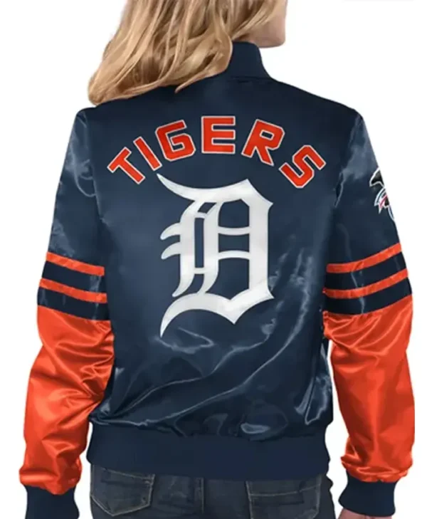 Detroit Tigers Tie Breaker Navy Satin Starter Zip Bomber Jacket Back webp