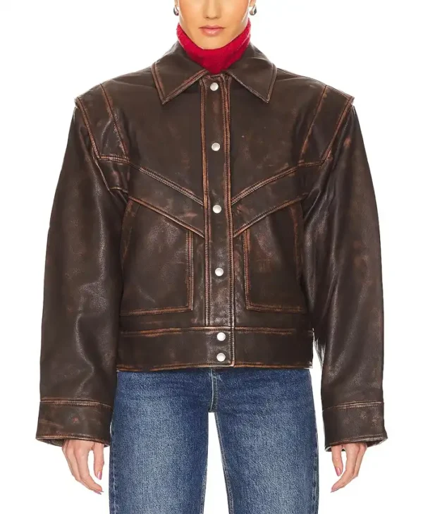 Distressed Brown Leather Jacket Womens Main webp