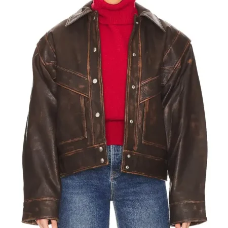 Distressed Brown Leather Jacket Womens Open webp