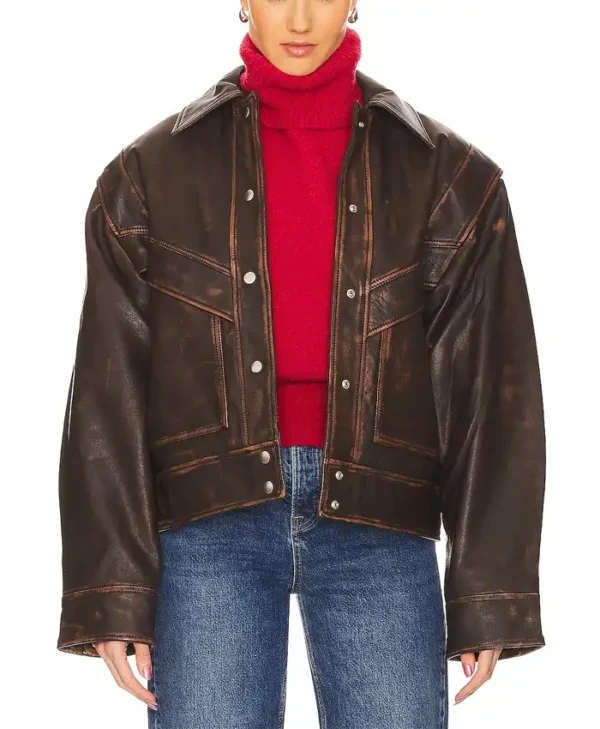 Distressed Brown Leather Jacket Womens Open webp