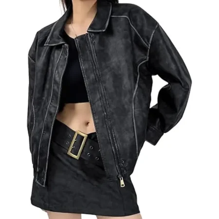 Distressed Faux Leather Bomber Jacket webp