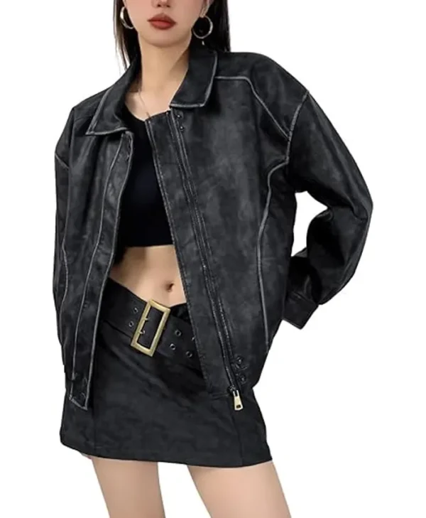 Distressed Faux Leather Bomber Jacket webp