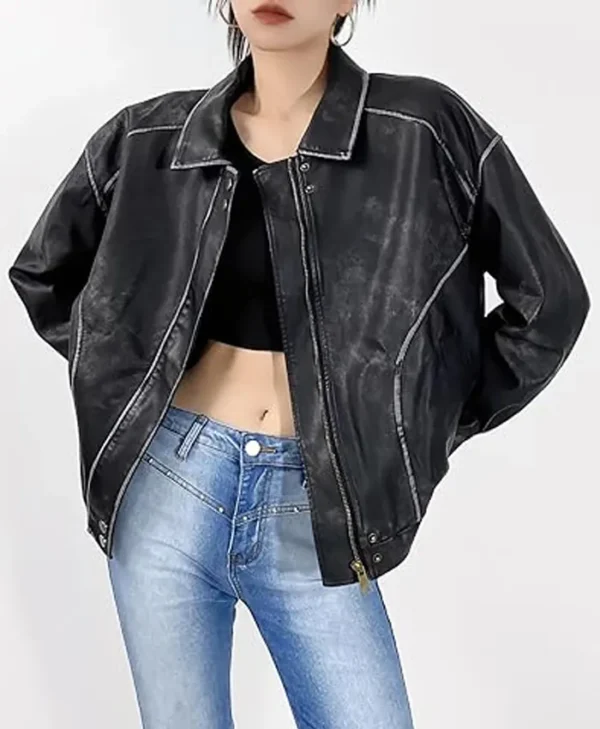 Distressed Faux Leather Bomber Jacket For Sale webp