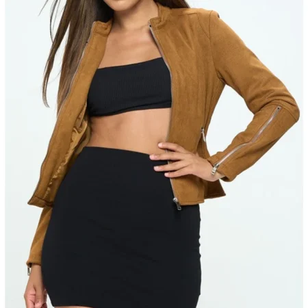 Elena Women Brown Suede Biker Jacket Main webp