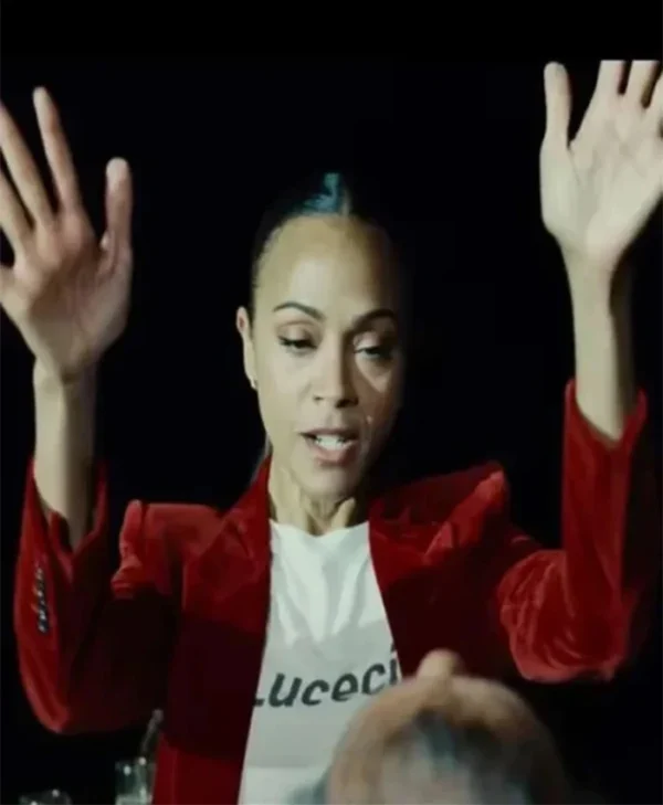 Emilia Perez 2024 Zoe Saldana Red Velvet Blazer closeup