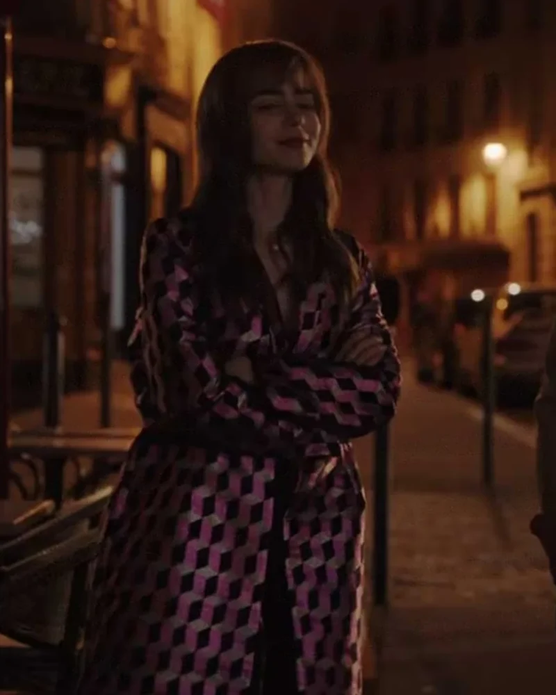 Emily In Paris S03 Lily Collins Pink Printed Coat webp